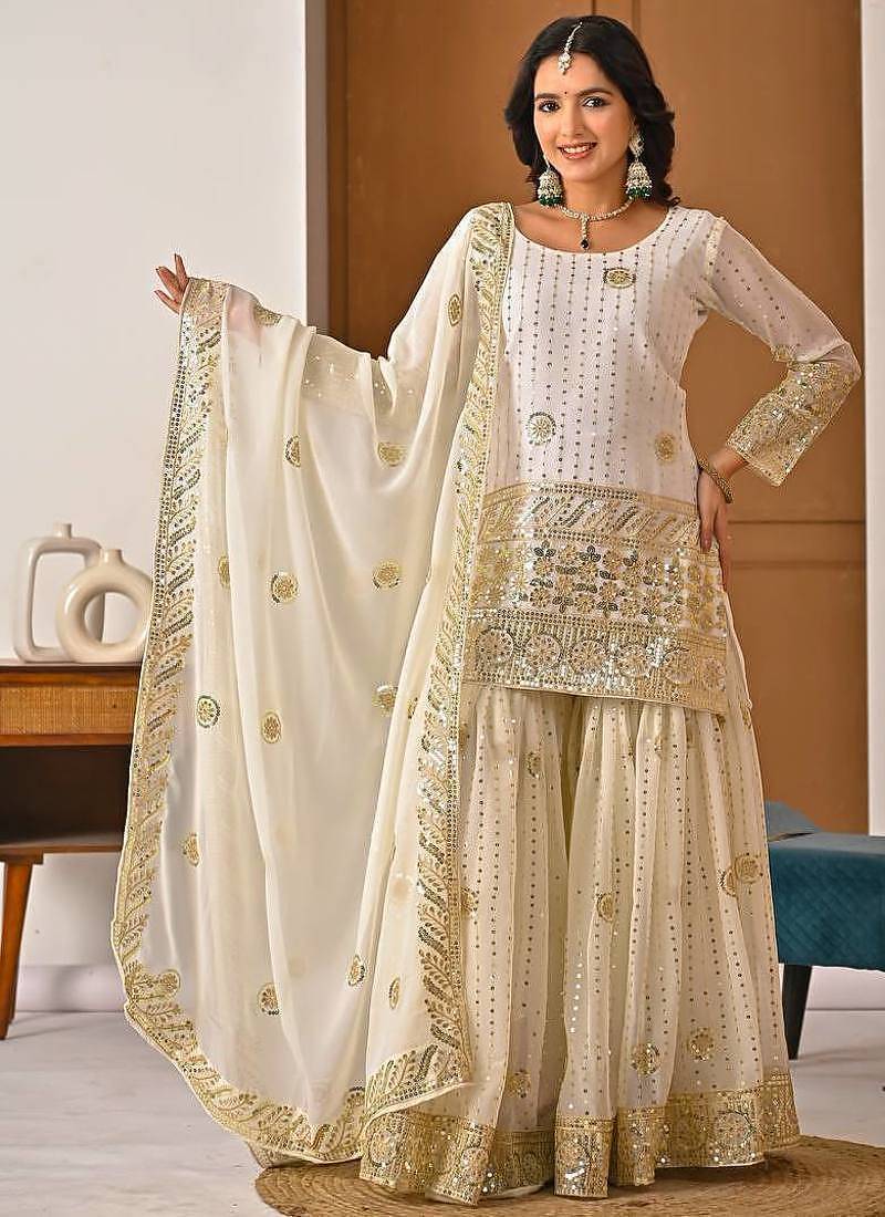 cream georgette party wear embroidery sharara suit set