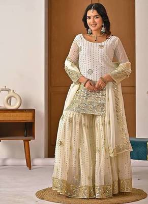 cream georgette party wear embroidery sharara suit set 3