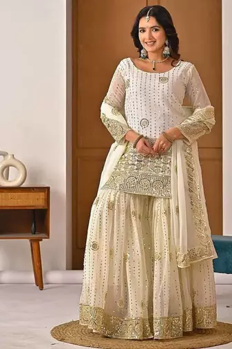 cream georgette party wear embroidery sharara suit set