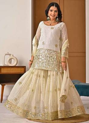 cream georgette party wear embroidery sharara suit set 4