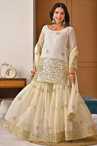 cream georgette party wear embroidery sharara suit set