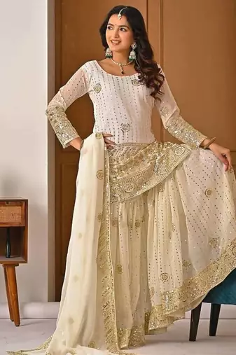 cream georgette party wear embroidery sharara suit set