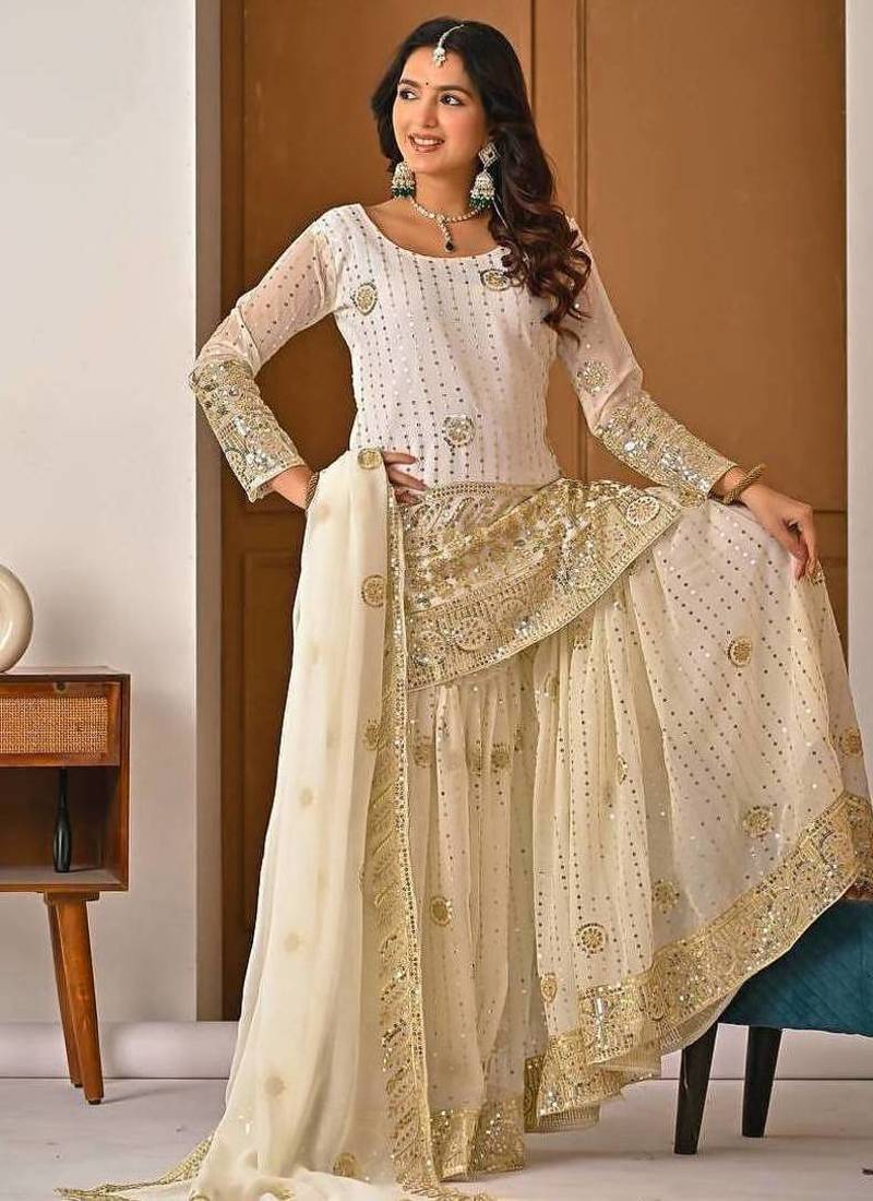 cream georgette party wear embroidery sharara suit set