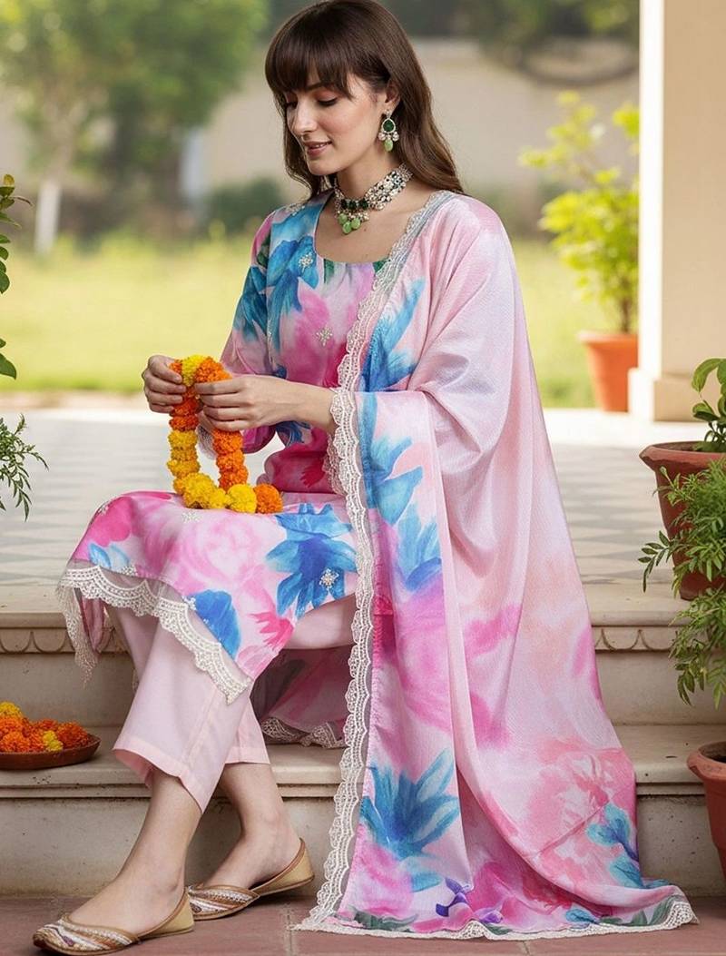 Women Floral Embroidered Empire Thread Work Kurta with Trousers & With Dupatta