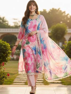 Women Floral Embroidered Empire Thread Work Kurta with Trousers & With Dupatta 2