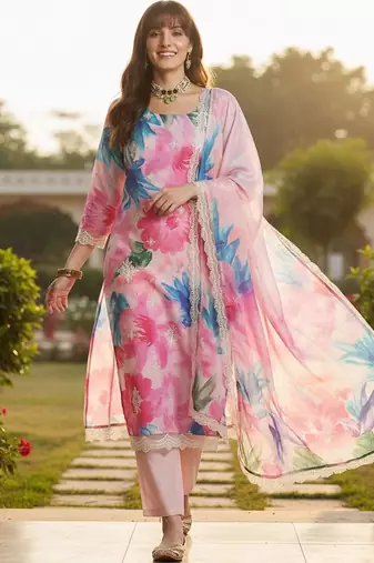 Women Floral Embroidered Empire Thread Work Kurta with Trousers & With Dupatta