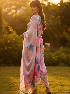 Women Floral Embroidered Empire Thread Work Kurta with Trousers & With Dupatta 3