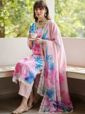 Women Floral Embroidered Empire Thread Work Kurta with Trousers & With Dupatta 4