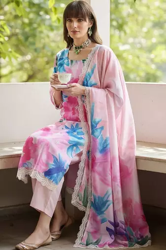 Women Floral Embroidered Empire Thread Work Kurta with Trousers & With Dupatta