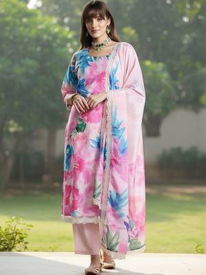 Women Floral Embroidered Empire Thread Work Kurta with Trousers & With Dupatta 5
