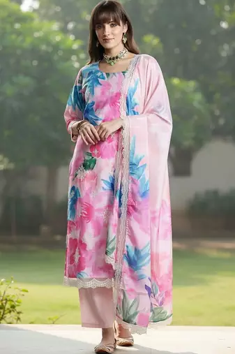 Women Floral Embroidered Empire Thread Work Kurta with Trousers & With Dupatta