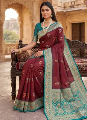 Maroon soft banarasi silk saree with zari weaving meenakari design 4