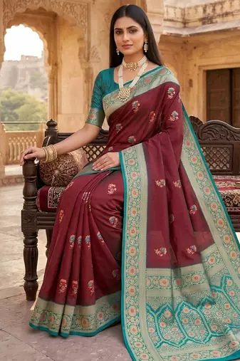 Maroon soft banarasi silk saree with zari weaving meenakari design