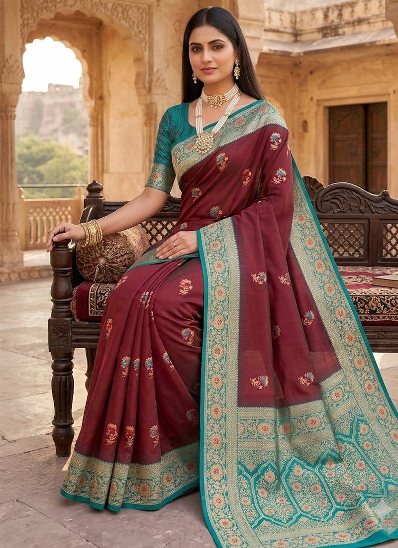 Maroon soft banarasi silk saree with zari weaving meenakari design