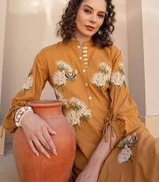 Floral Embroidered Mandarin Collar Cotton Kurta With Trousers