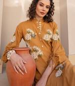 Floral Embroidered Mandarin Collar Cotton Kurta With Trousers