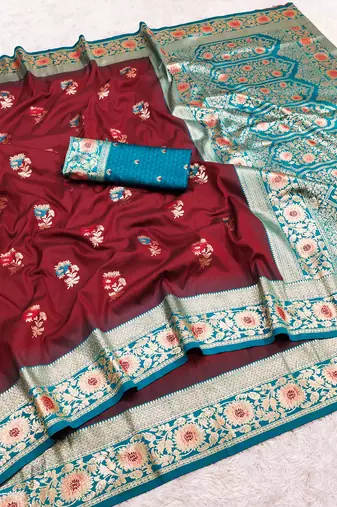Maroon soft banarasi silk saree with zari weaving meenakari design