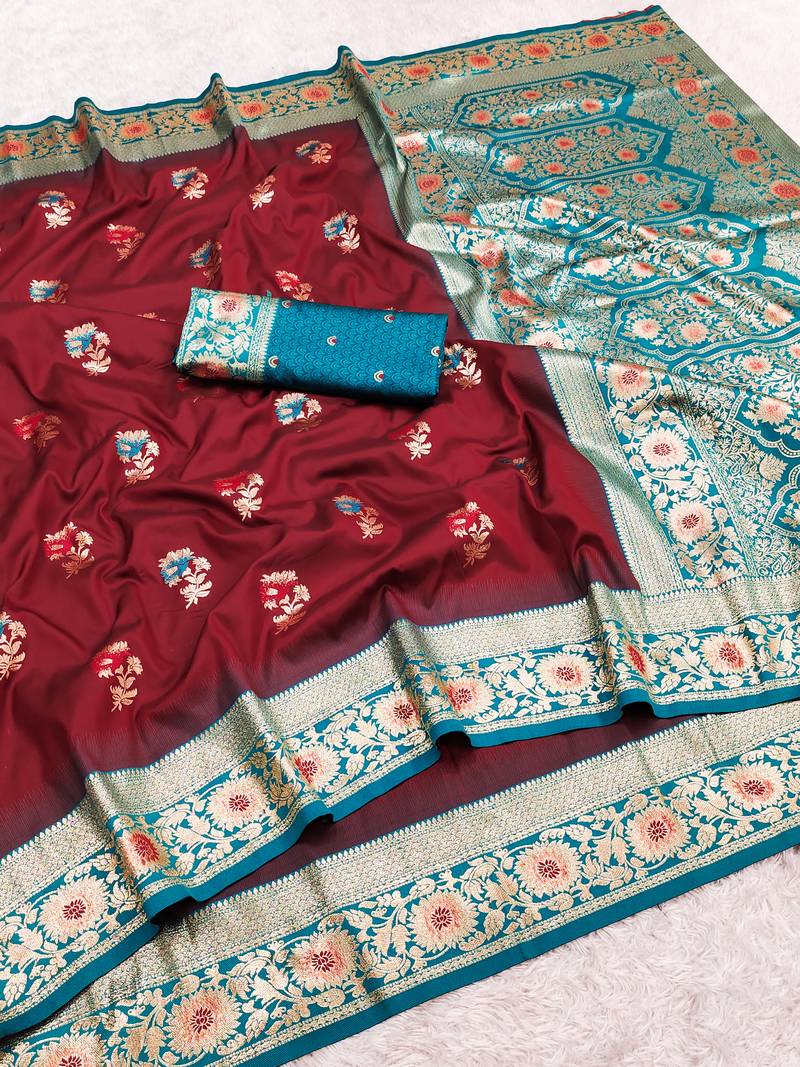 Maroon soft banarasi silk saree with zari weaving meenakari design