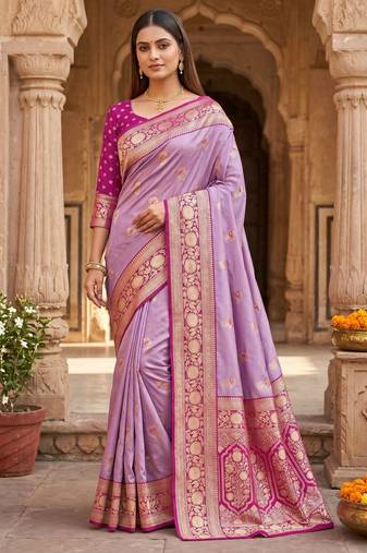 Lavender soft banarasi silk saree with zari weaving meenakari design