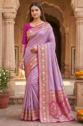 Lavender soft banarasi silk saree with zari weaving meenakari design