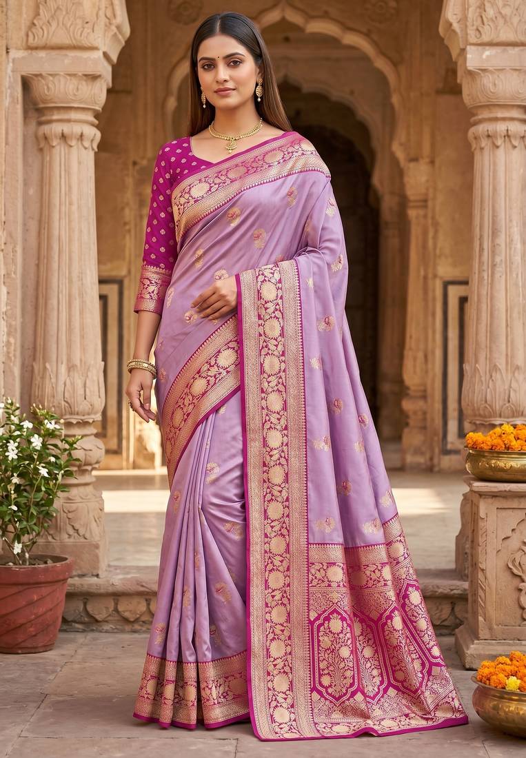 Lavender soft banarasi silk saree with zari weaving meenakari design