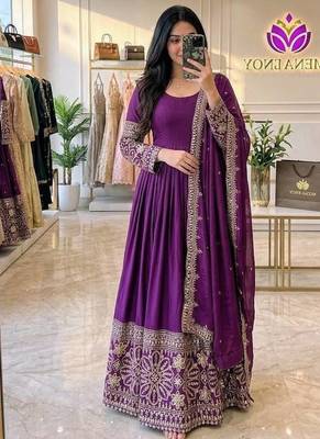 Plum Embroidery Sequences With Mirror Silk Blend Gown Set 1