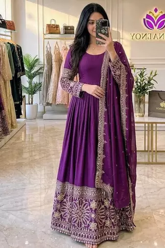 Plum Embroidery Sequences With Mirror Silk Blend Gown Set