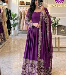 Plum Embroidery Sequences With Mirror Silk Blend Gown Set