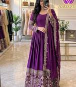 Plum Embroidery Sequences With Mirror Silk Blend Gown Set