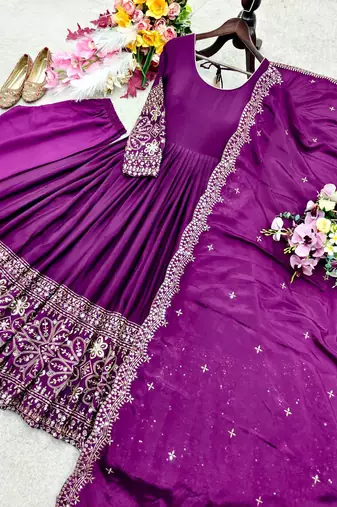 Plum Embroidery Sequences With Mirror Silk Blend Gown Set