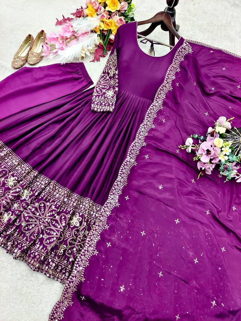 Plum Embroidery Sequences With Mirror Silk Blend Gown Set