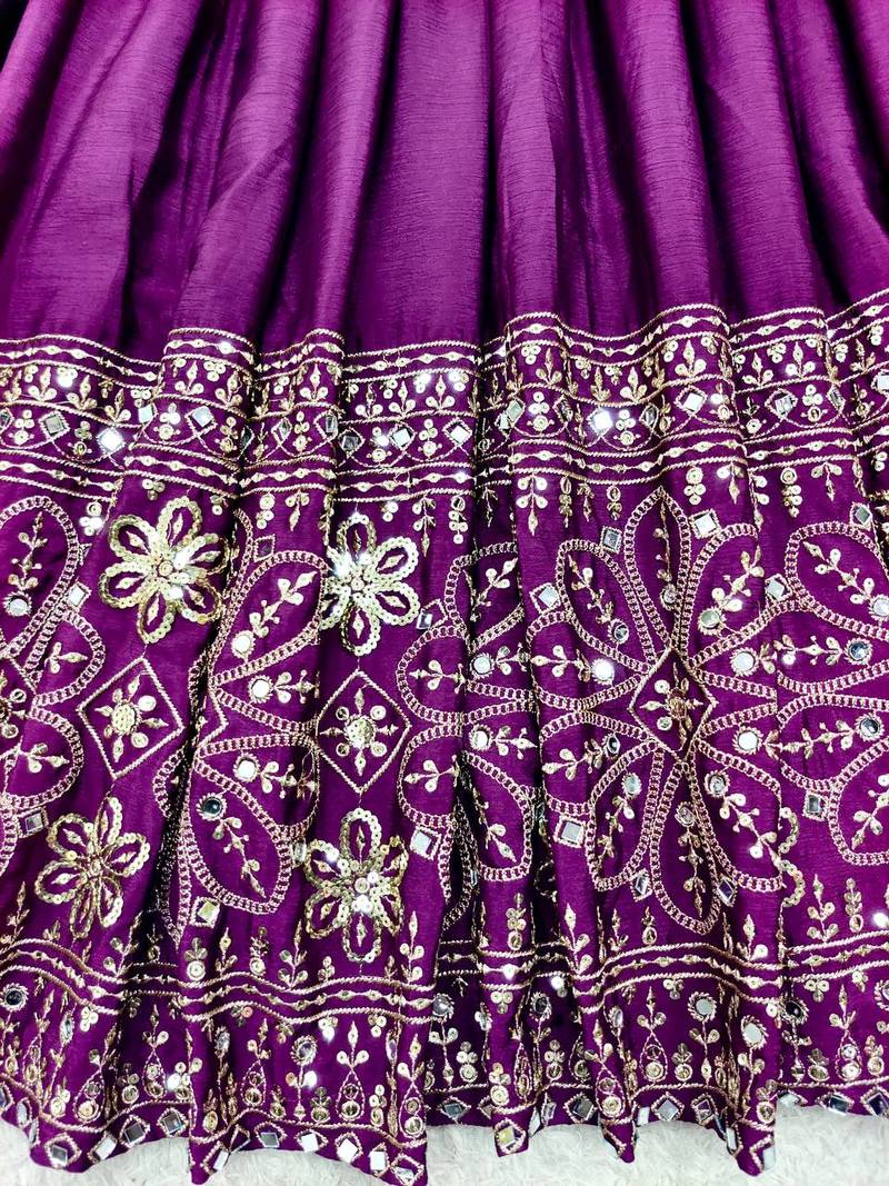 Plum Embroidery Sequences With Mirror Silk Blend Gown Set
