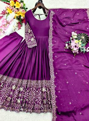 Plum Embroidery Sequences With Mirror Silk Blend Gown Set 4