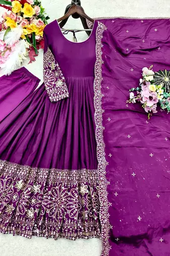 Plum Embroidery Sequences With Mirror Silk Blend Gown Set