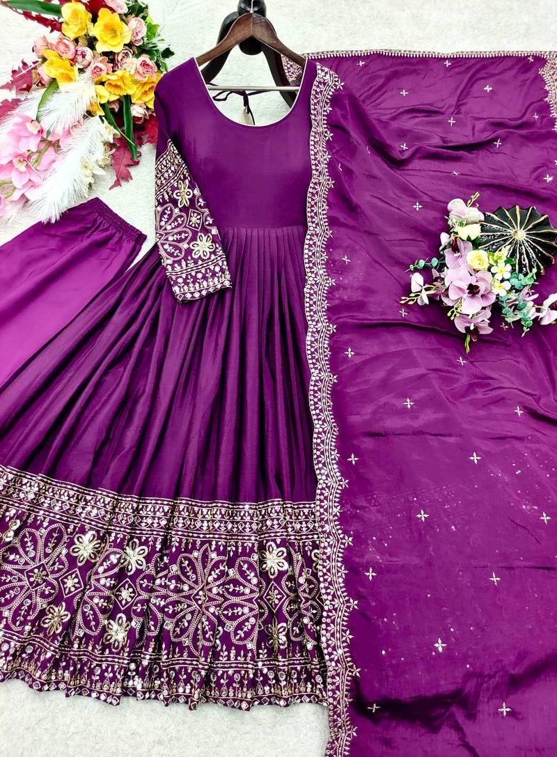 Plum Embroidery Sequences With Mirror Silk Blend Gown Set