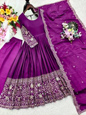 Plum Embroidery Sequences With Mirror Silk Blend Gown Set 5