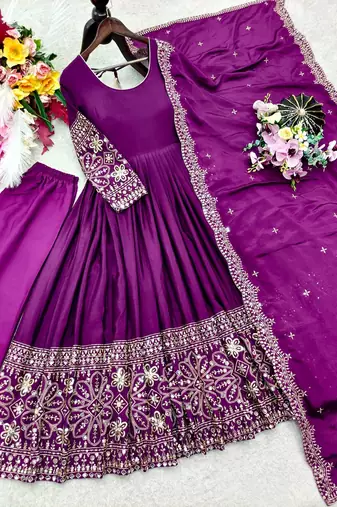 Plum Embroidery Sequences With Mirror Silk Blend Gown Set