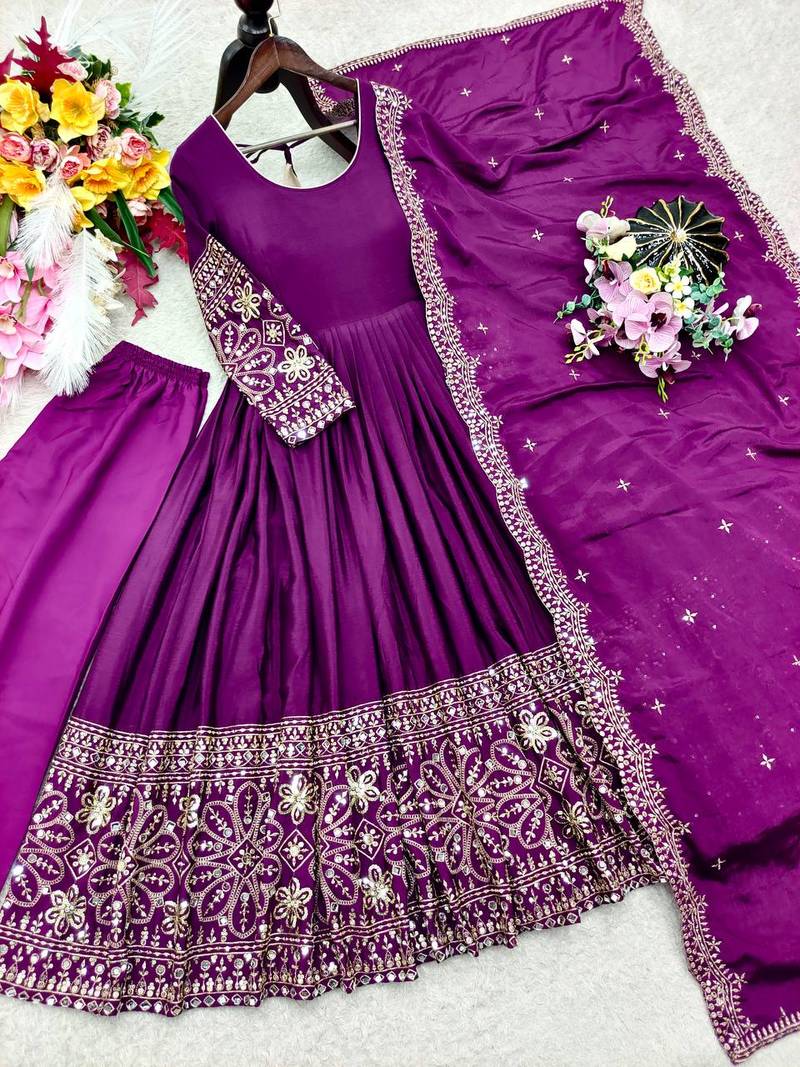 Plum Embroidery Sequences With Mirror Silk Blend Gown Set