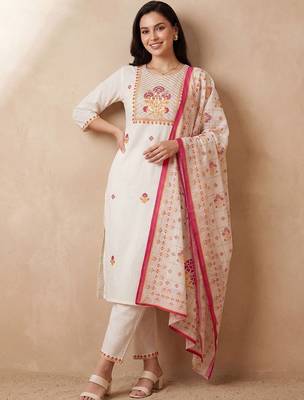 Women Ethnic Motifs Embroidered Thread Work Cotton Kurta with Trousers & With Dupatta 2