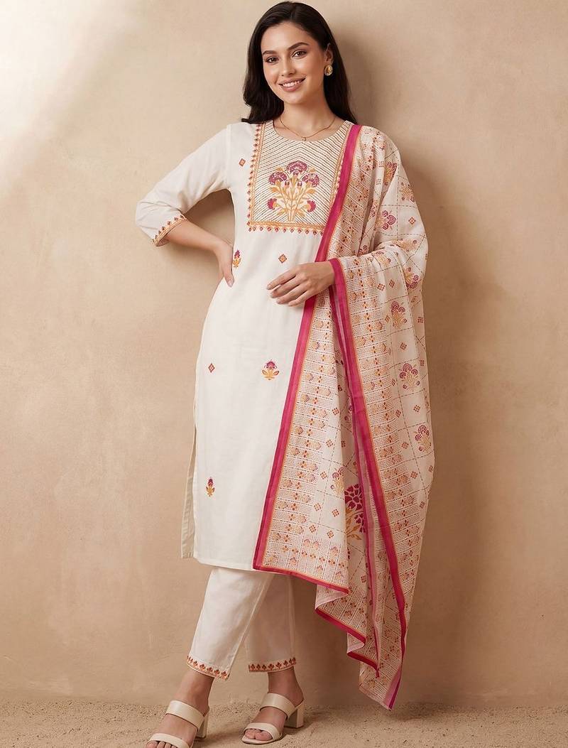 Women Ethnic Motifs Embroidered Thread Work Cotton Kurta with Trousers & With Dupatta