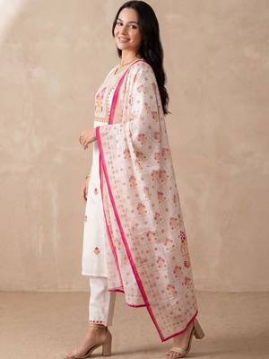 Women Ethnic Motifs Embroidered Thread Work Cotton Kurta with Trousers & With Dupatta 3