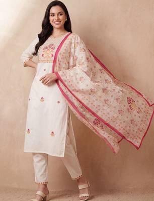 Women Ethnic Motifs Embroidered Thread Work Cotton Kurta with Trousers & With Dupatta 4