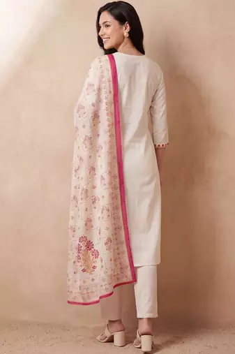 Women Ethnic Motifs Embroidered Thread Work Cotton Kurta with Trousers & With Dupatta