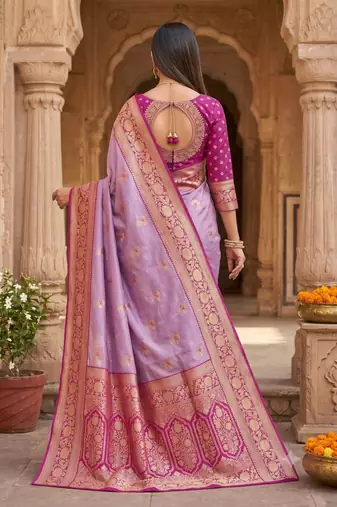 Lavender soft banarasi silk saree with zari weaving meenakari design