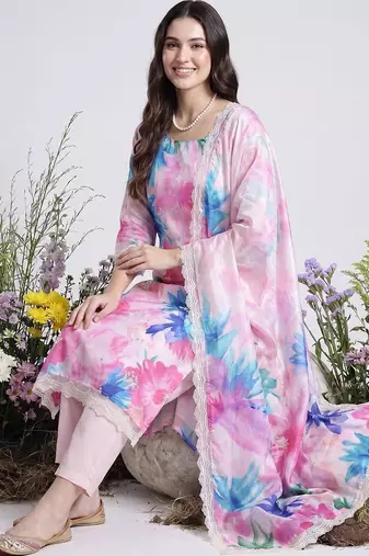 Women Floral Printed Kurta with Trousers & With Dupatta