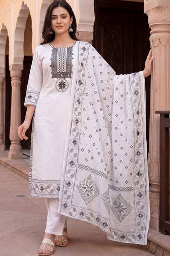 Women Ethnic Motifs Embroidered Regular Mirror Work Pure Cotton Kurta with Trousers & With Dupatta