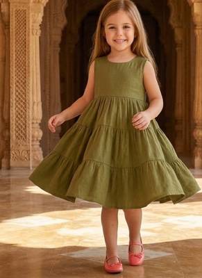 Girls solid green cotton tiered dress – sleeveless knee-length flared frock 1