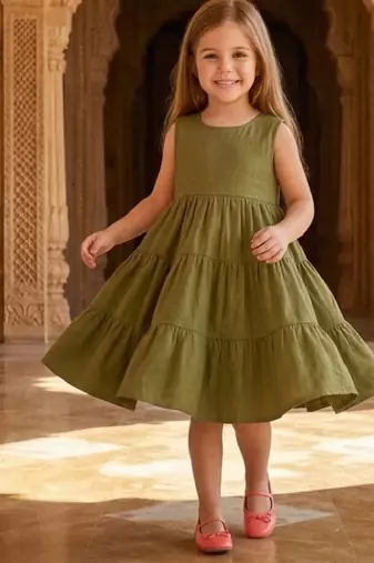 Girls solid green cotton tiered dress – sleeveless knee-length flared frock