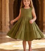 Girls solid green cotton tiered dress – sleeveless knee-length flared frock