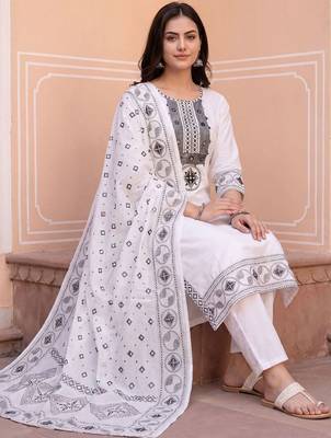 Women Ethnic Motifs Embroidered Regular Mirror Work Pure Cotton Kurta with Trousers & With Dupatta 5